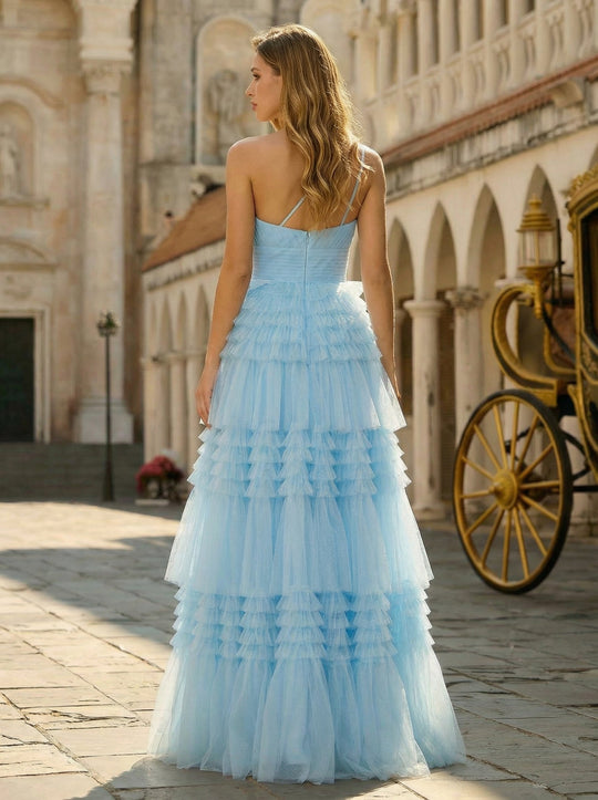 Ball-Gown/Princess One Shoulder Floor-Length Tulle Prom Dresses With Ruffle