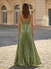 A-line V-Neck Floor-Length Jersey Prom Dresses With Pleated