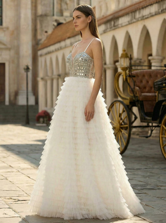 Ball-Gown/Princess Sweetheart V-Neck Sweep Train Tulle Prom Dresses With Rhinestone Sequins Beading