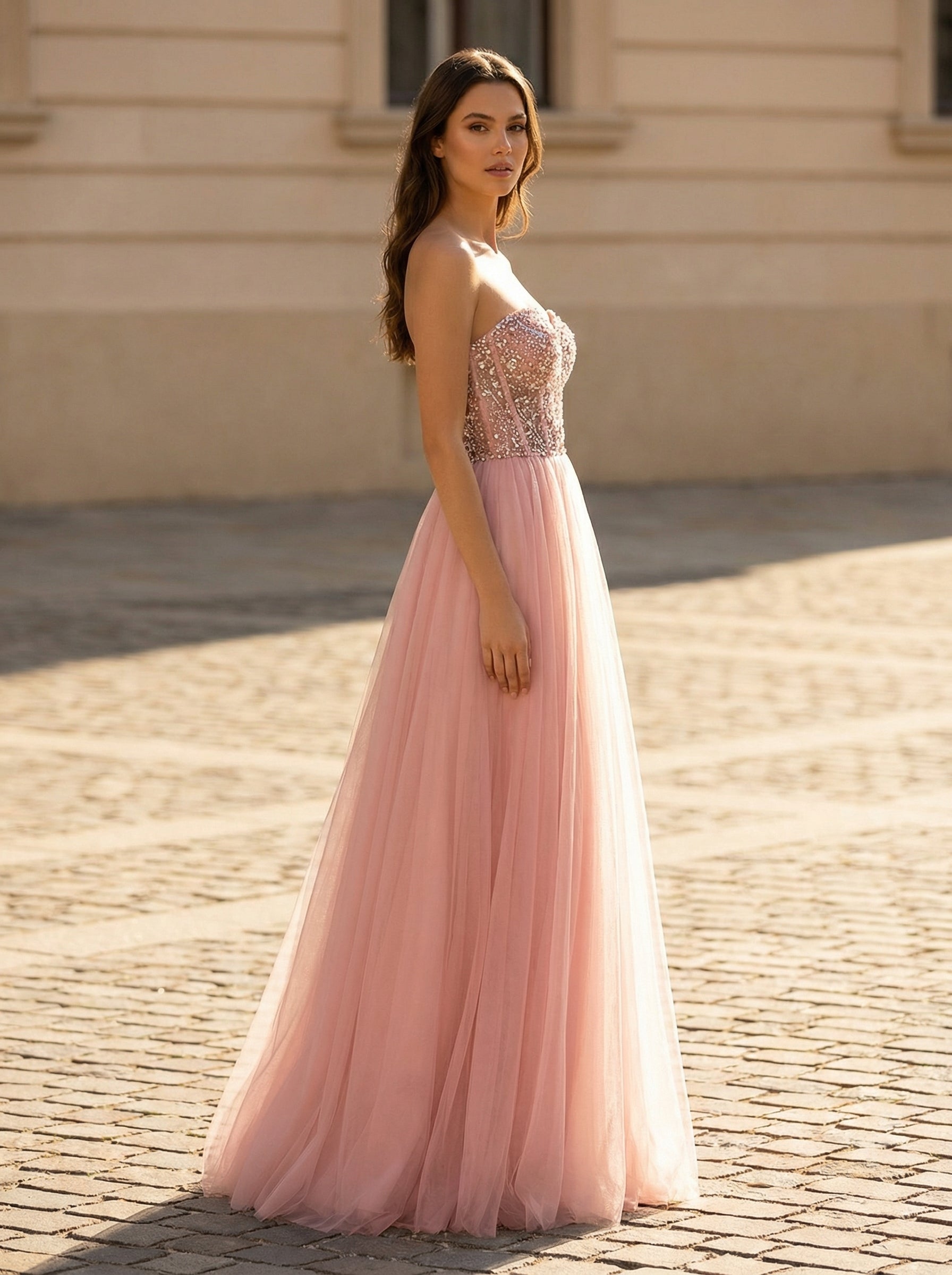 Strapless Sweetheart Rhinestone Sequins Tulle Ball-Gown/Princess Maxi Dress