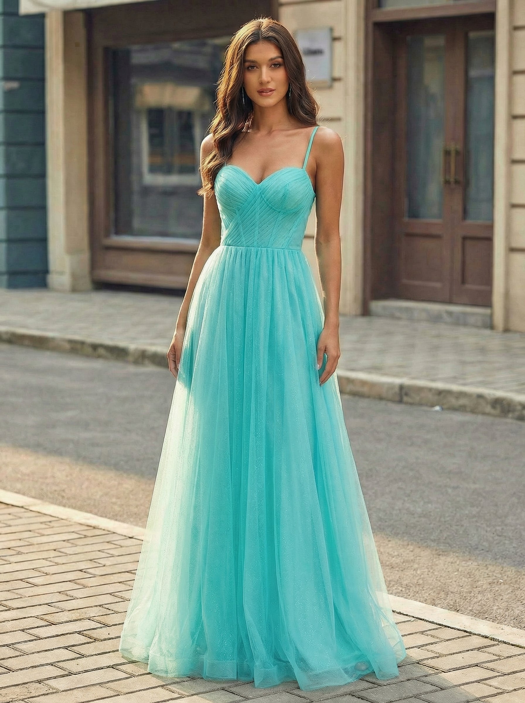 Sleeveless Spaghetti Straps Sweetheart Pleated Tulle A-line Maxi Dress