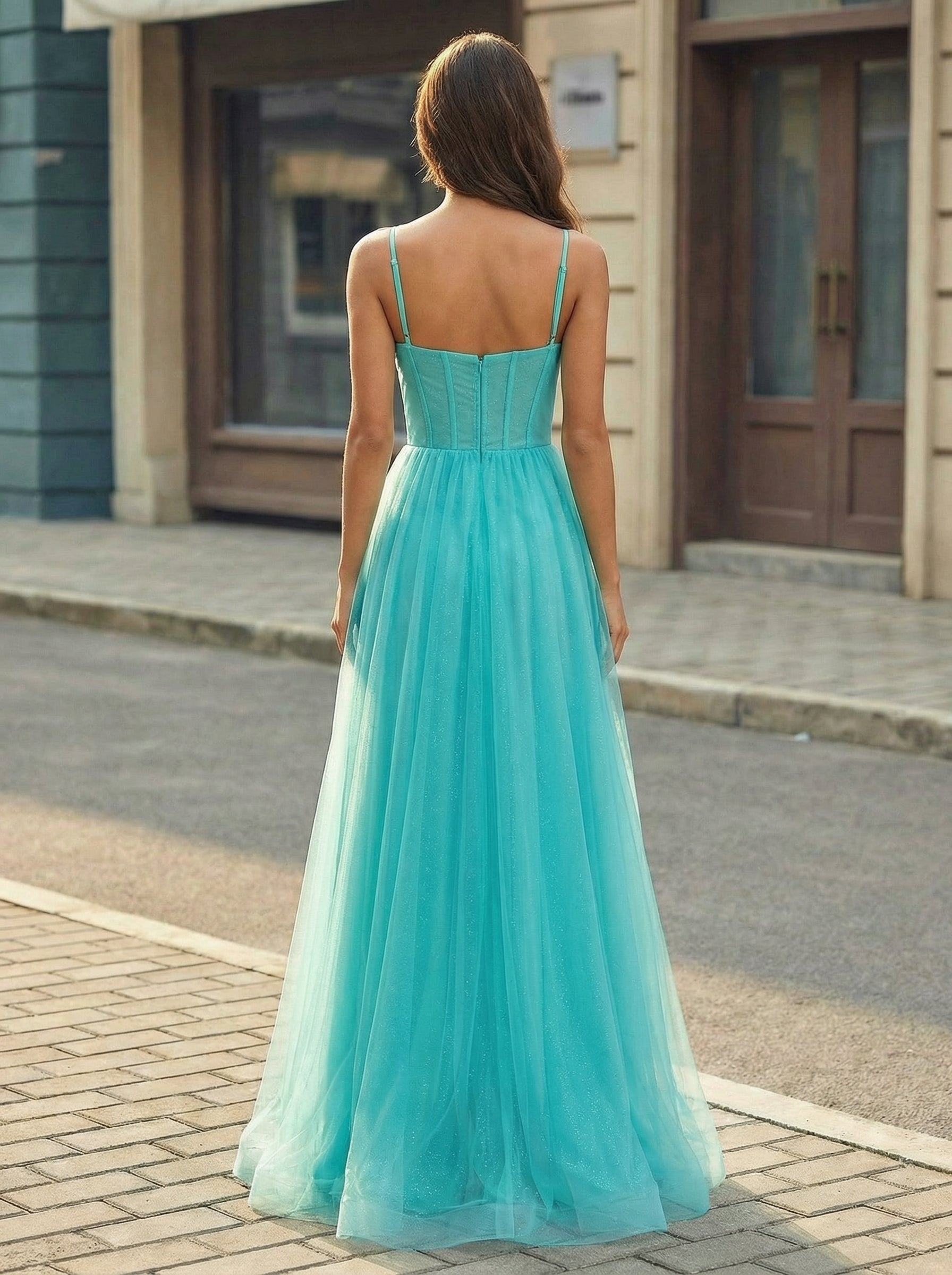 Sleeveless Spaghetti Straps Sweetheart Pleated Tulle A-line Maxi Dress