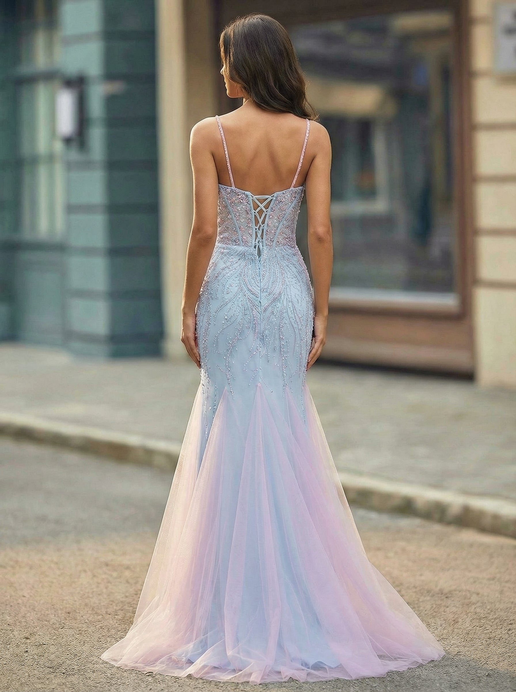Spaghetti Straps Sweetheart Rhinestone Sequins Tulle Trumpet/Mermaid Maxi Dress
