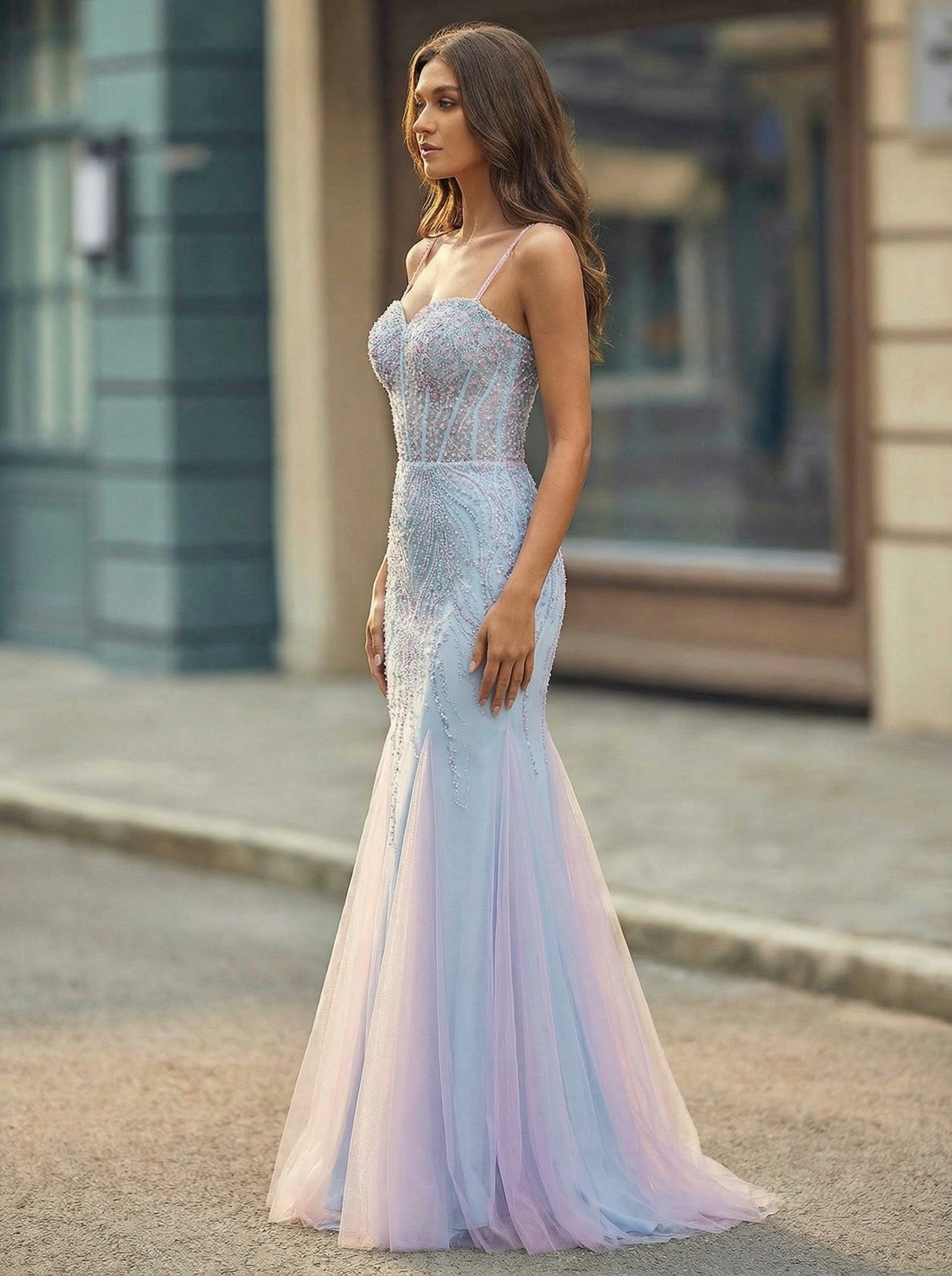 Spaghetti Straps Sweetheart Rhinestone Sequins Tulle Trumpet/Mermaid Maxi Dress