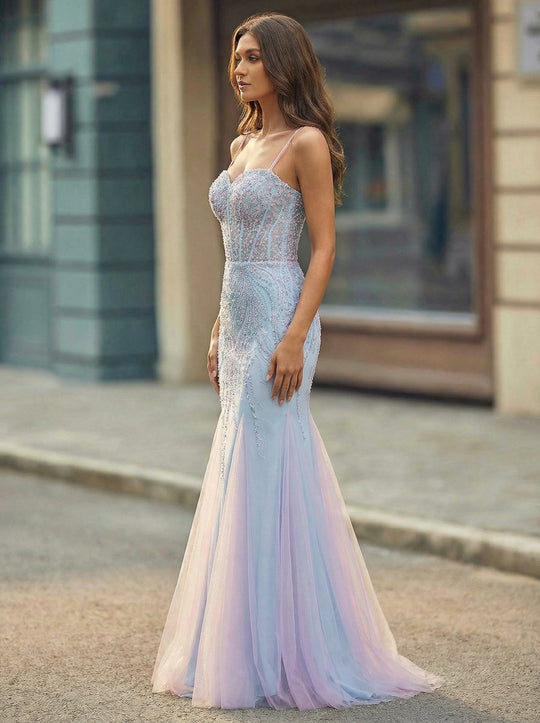 Spaghetti Straps Sweetheart Rhinestone Sequins Tulle Trumpet/Mermaid Maxi Dress