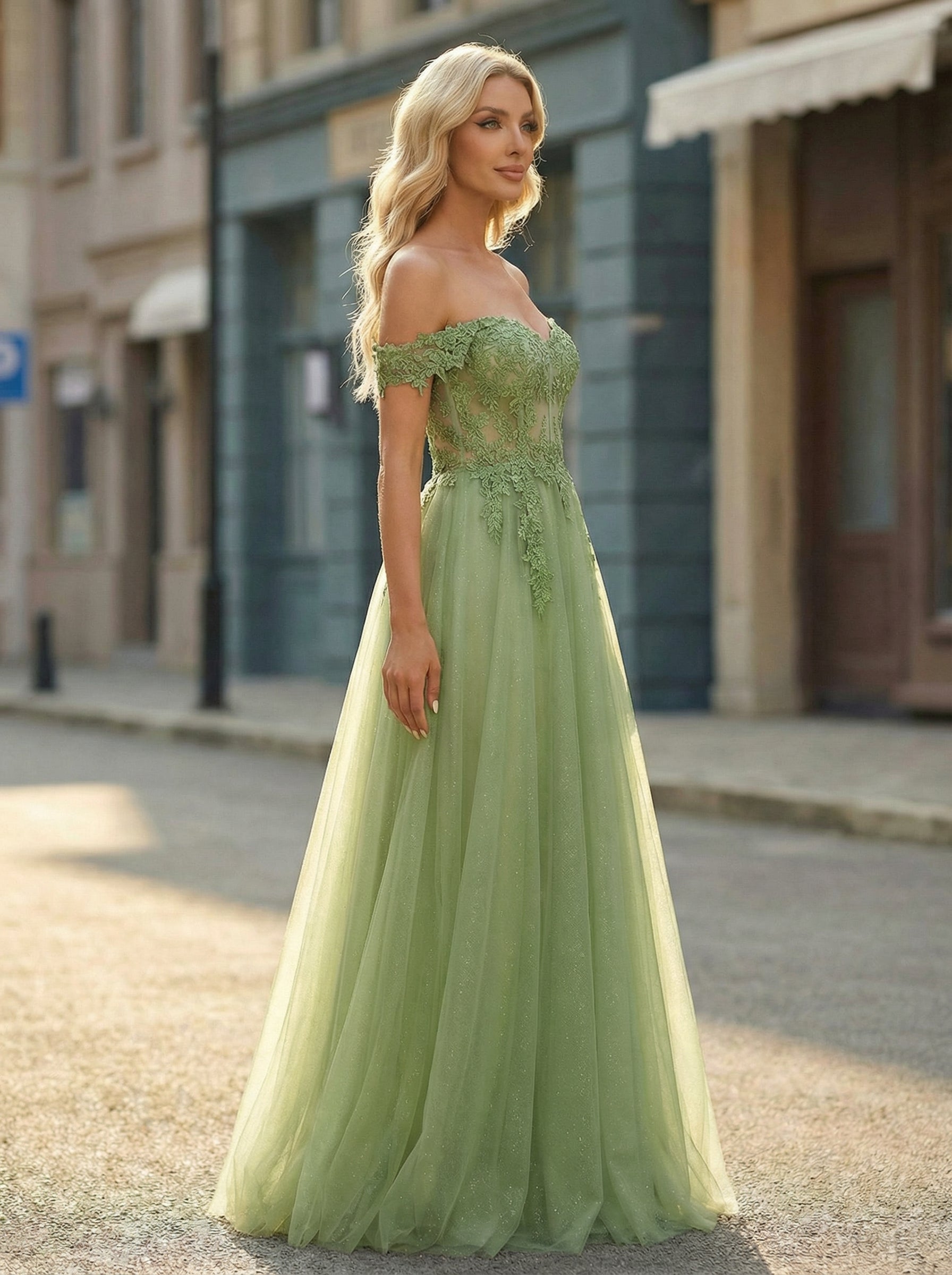 A-line Off the Shoulder Sweep Train Tulle Prom Dresses With Sequins Appliques Lace Beading