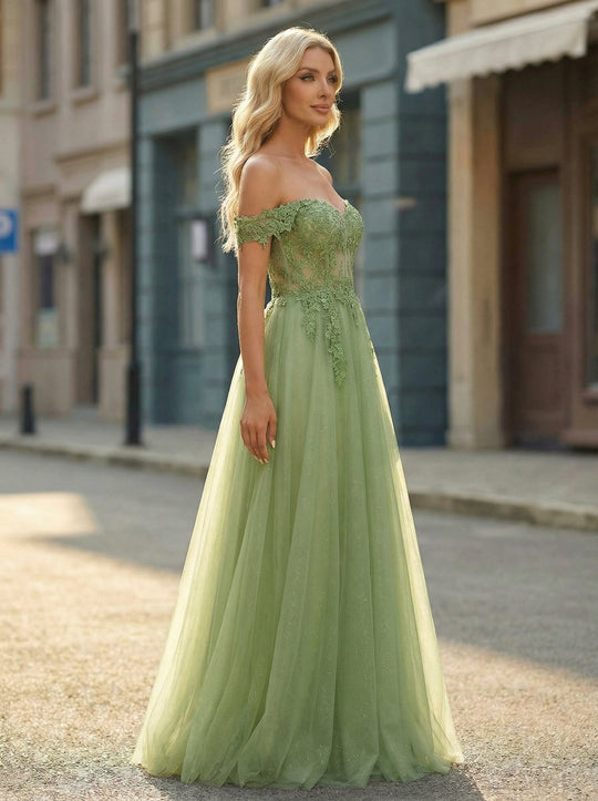 A-line Off the Shoulder Sweep Train Tulle Prom Dresses With Sequins Appliques Lace Beading