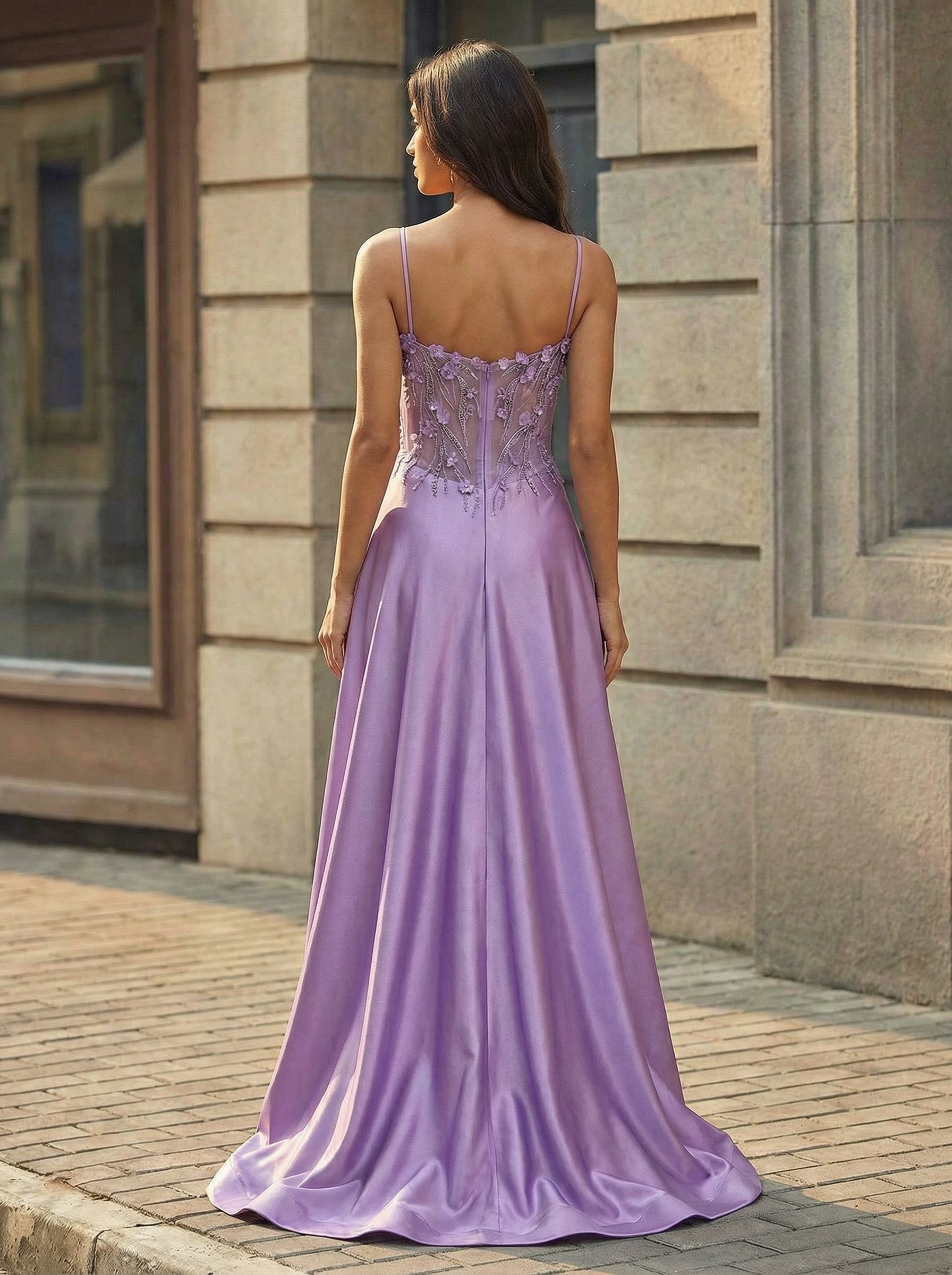 A-line Sweetheart Sweep Train Silky Satin Prom Dresses With Rhinestone 3D Floral Sequins Beading