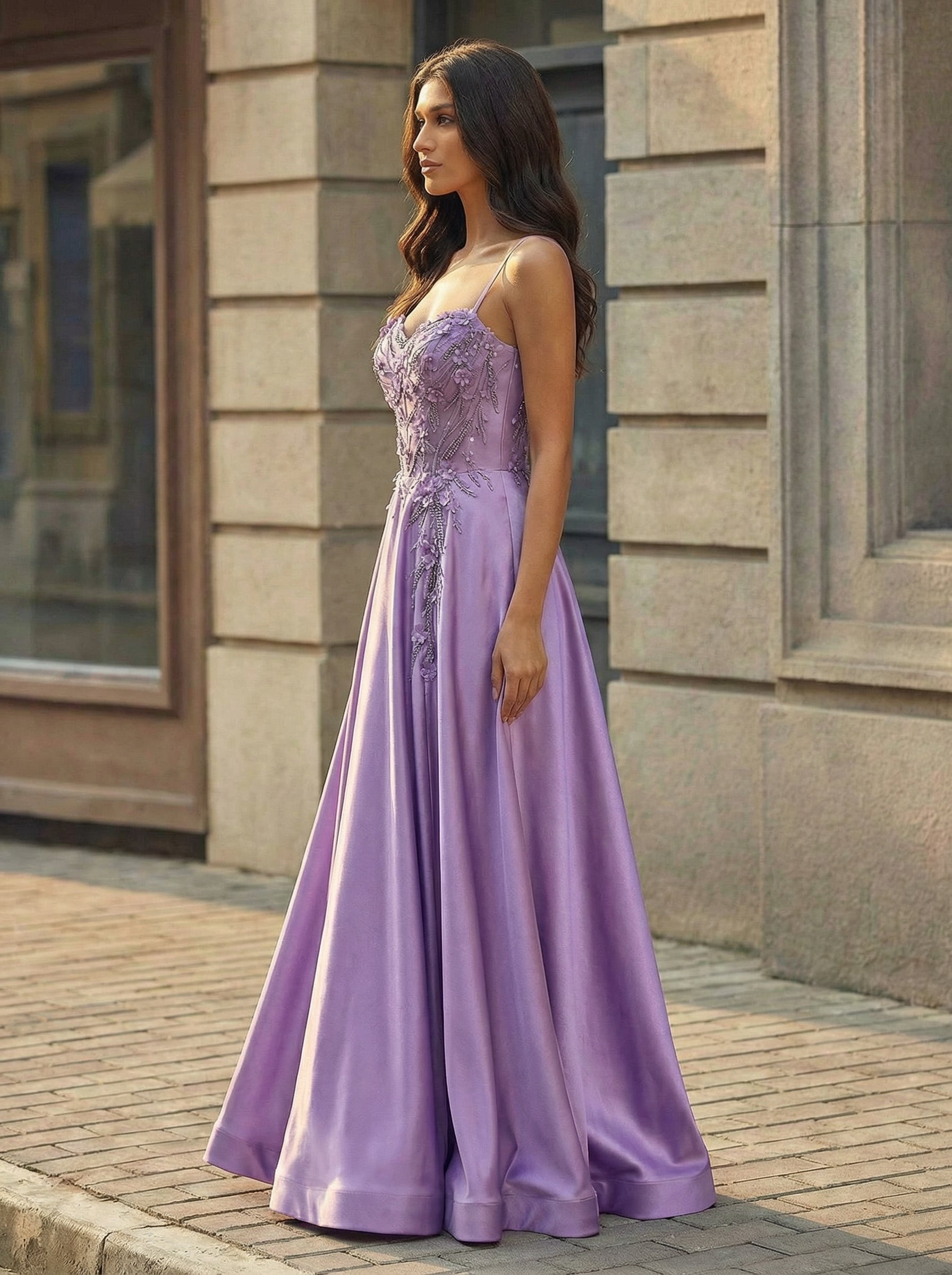 A-line Sweetheart Sweep Train Silky Satin Prom Dresses With Rhinestone 3D Floral Sequins Beading