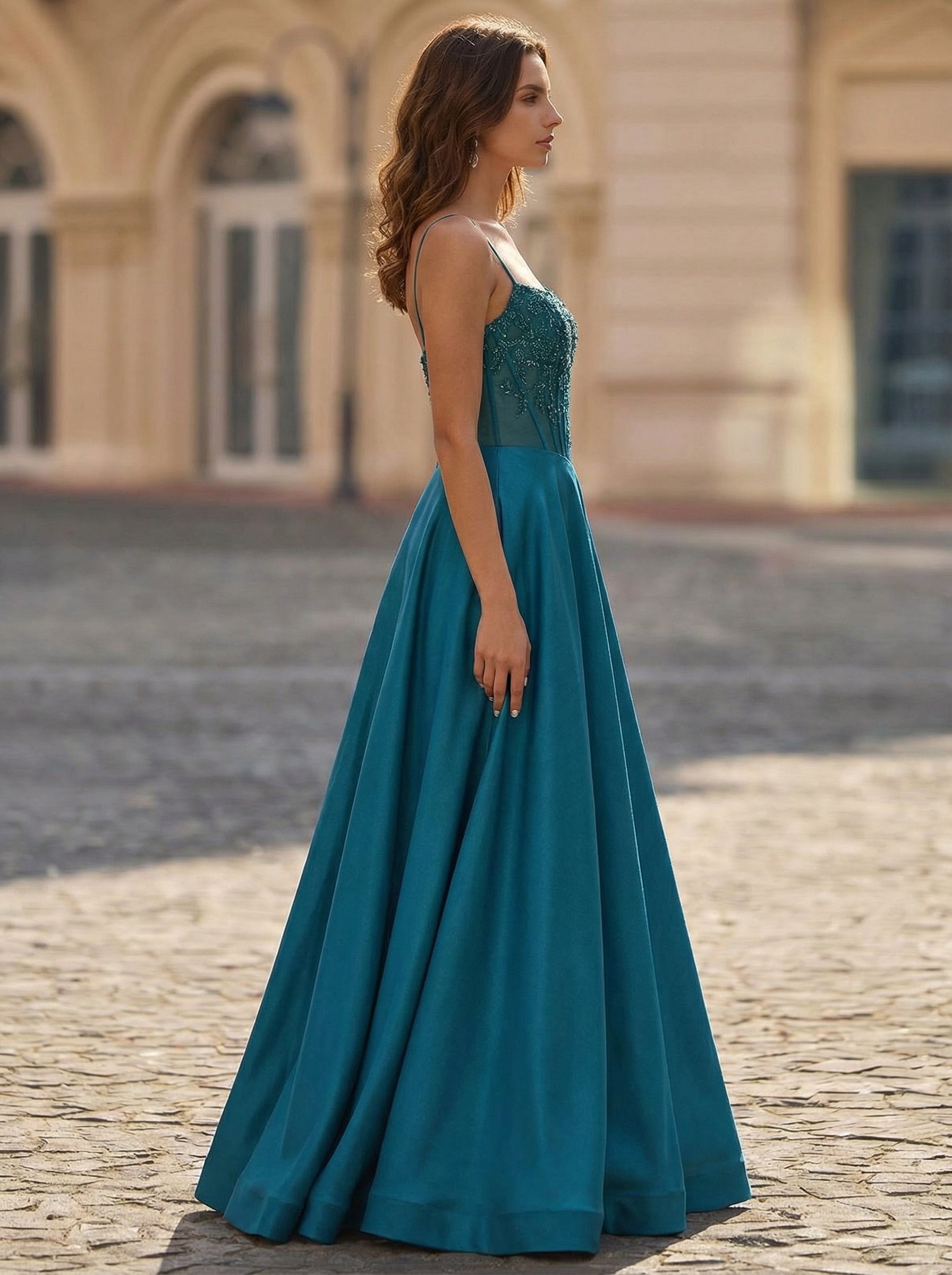 A-line V-Neck Sweep Train Silky Satin Prom Dresses With Sequins Beading