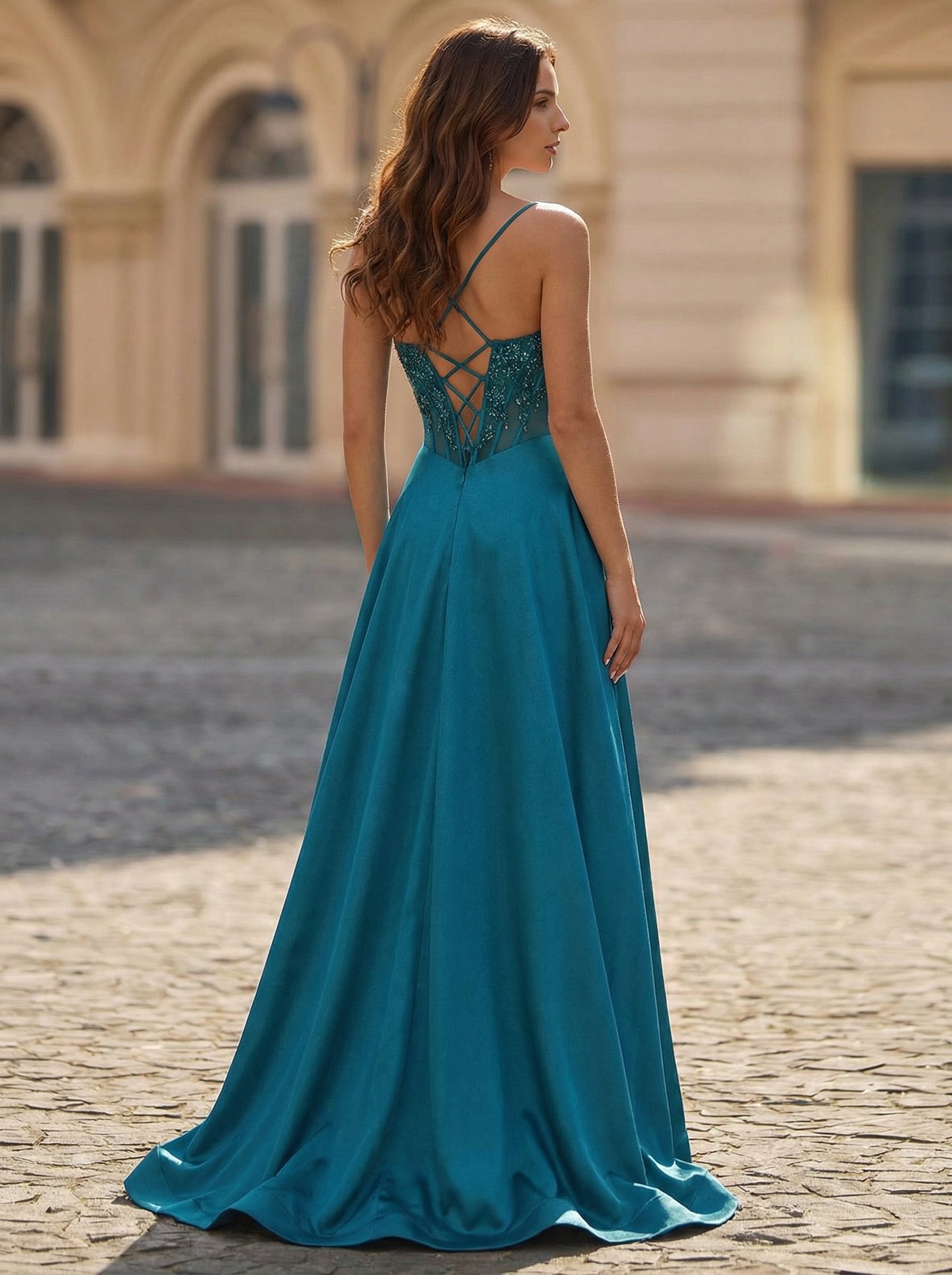 A-line V-Neck Sweep Train Silky Satin Prom Dresses With Sequins Beading