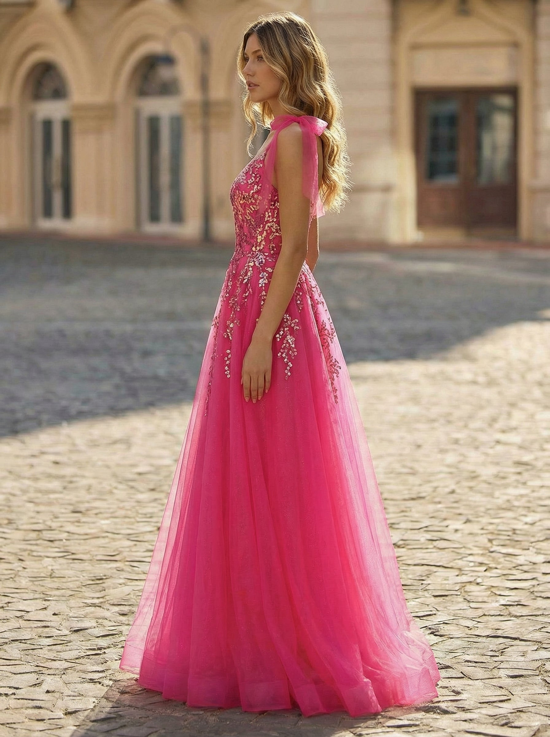Sleeveless V-Neck Sequins Tulle Ball-Gown/Princess Maxi Dress