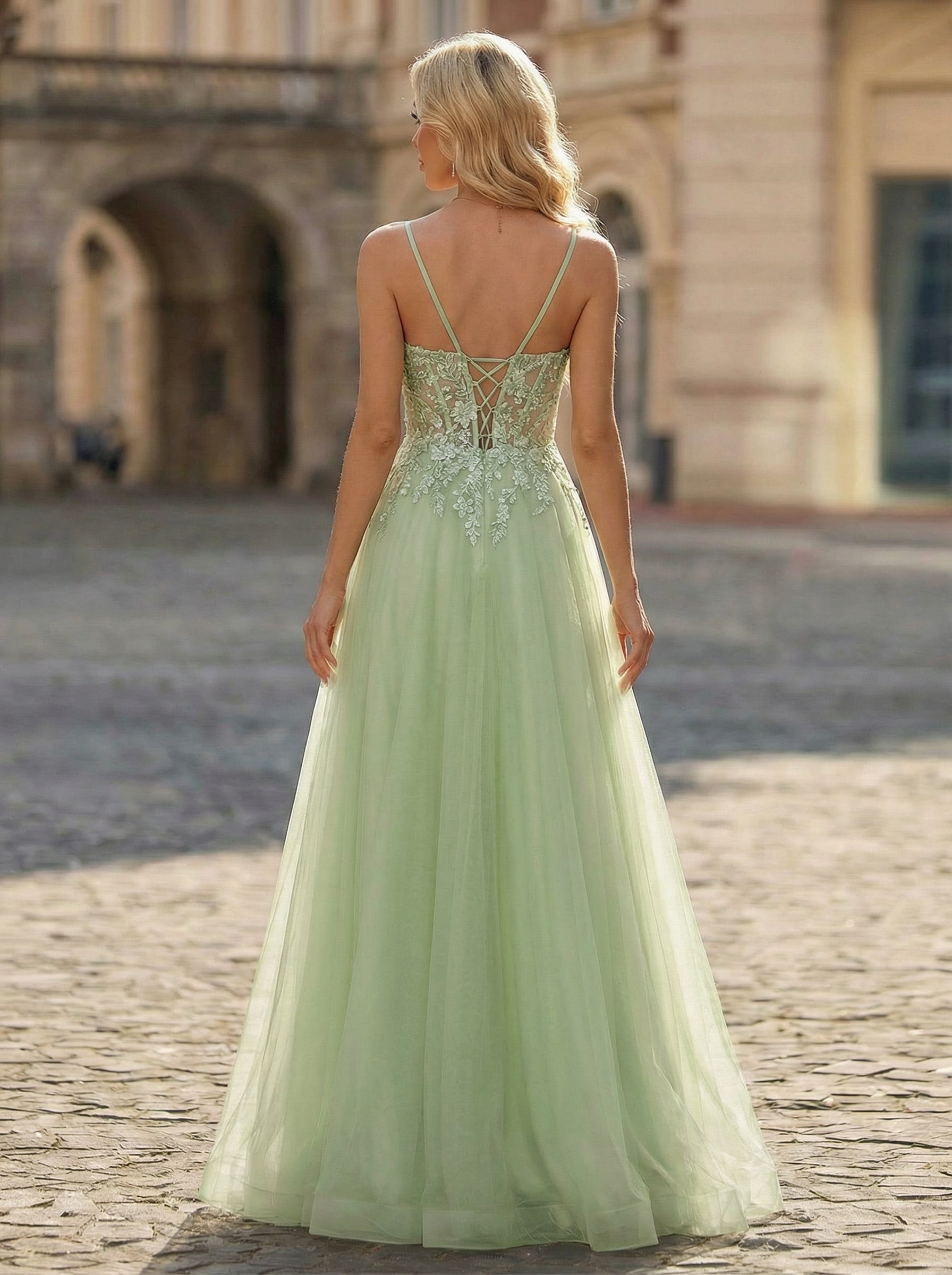 Spaghetti Straps V-Neck Embroidered Sequins Tulle A-line Maxi Dress