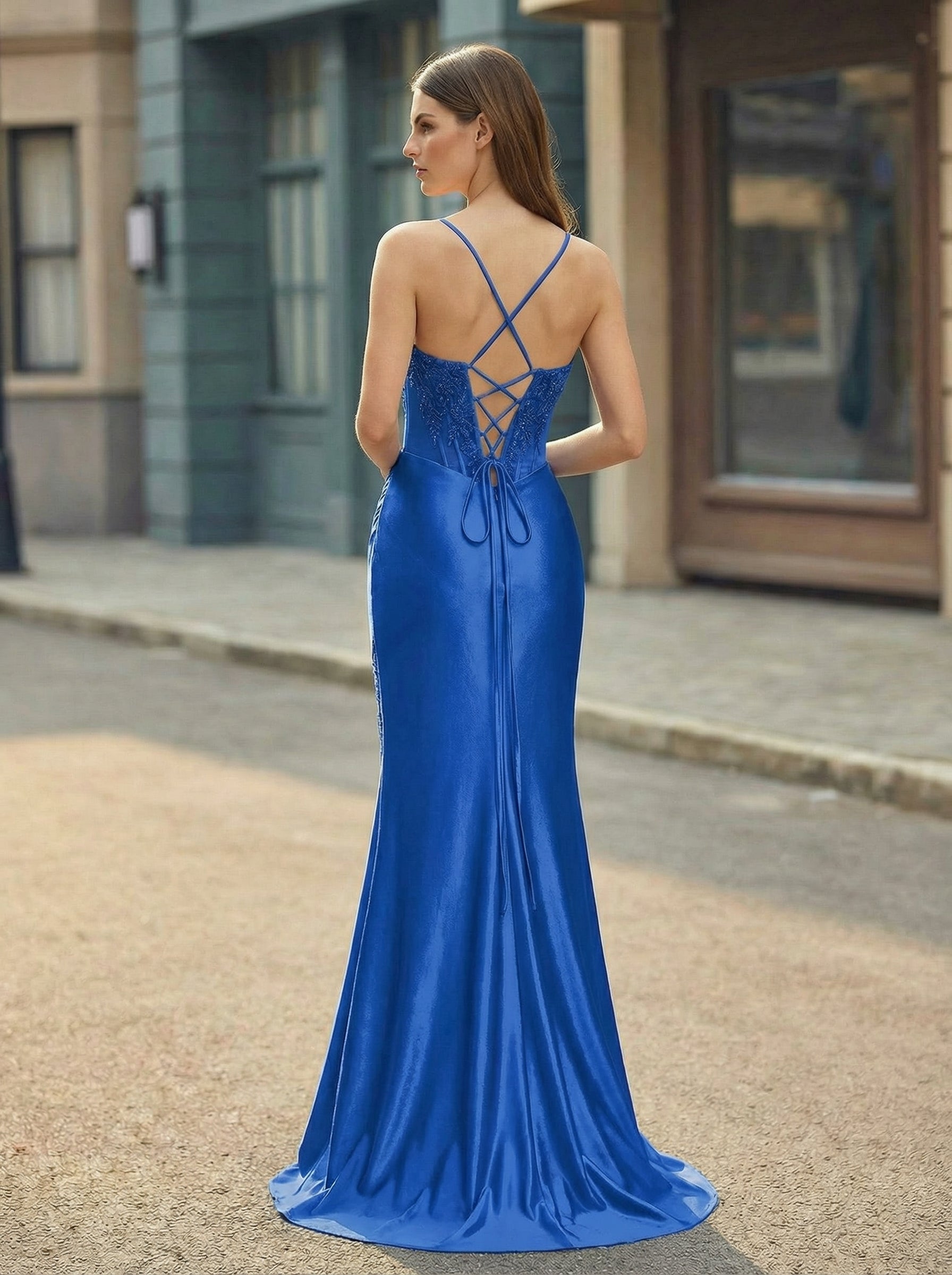 Trumpet/Mermaid V-Neck Sweep Train Silky Satin Prom Dresses With Appliques Lace Beading