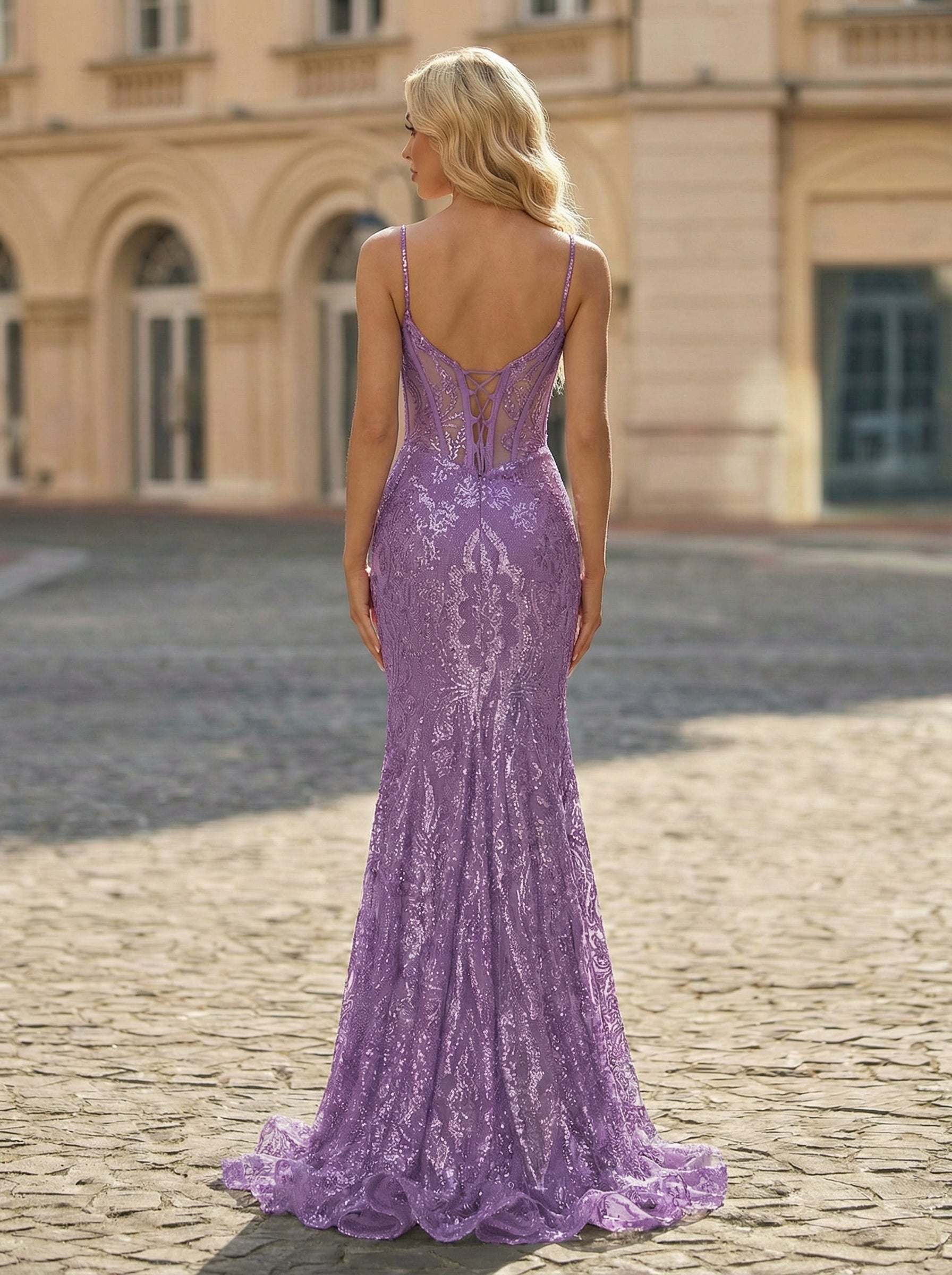 Spaghetti Straps V-Neck Corset Sequins Lace Trumpet/Mermaid Maxi Dress
