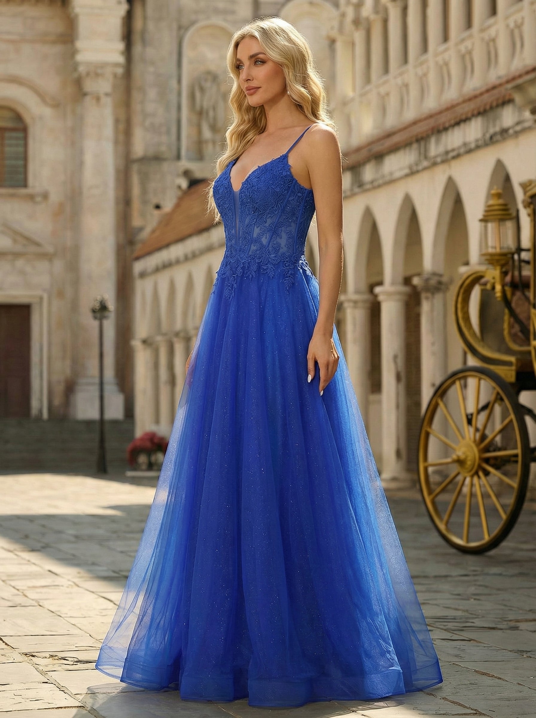 A-line Sleeveless Sweep Train Tulle Maxi Dress With Appliques Lace