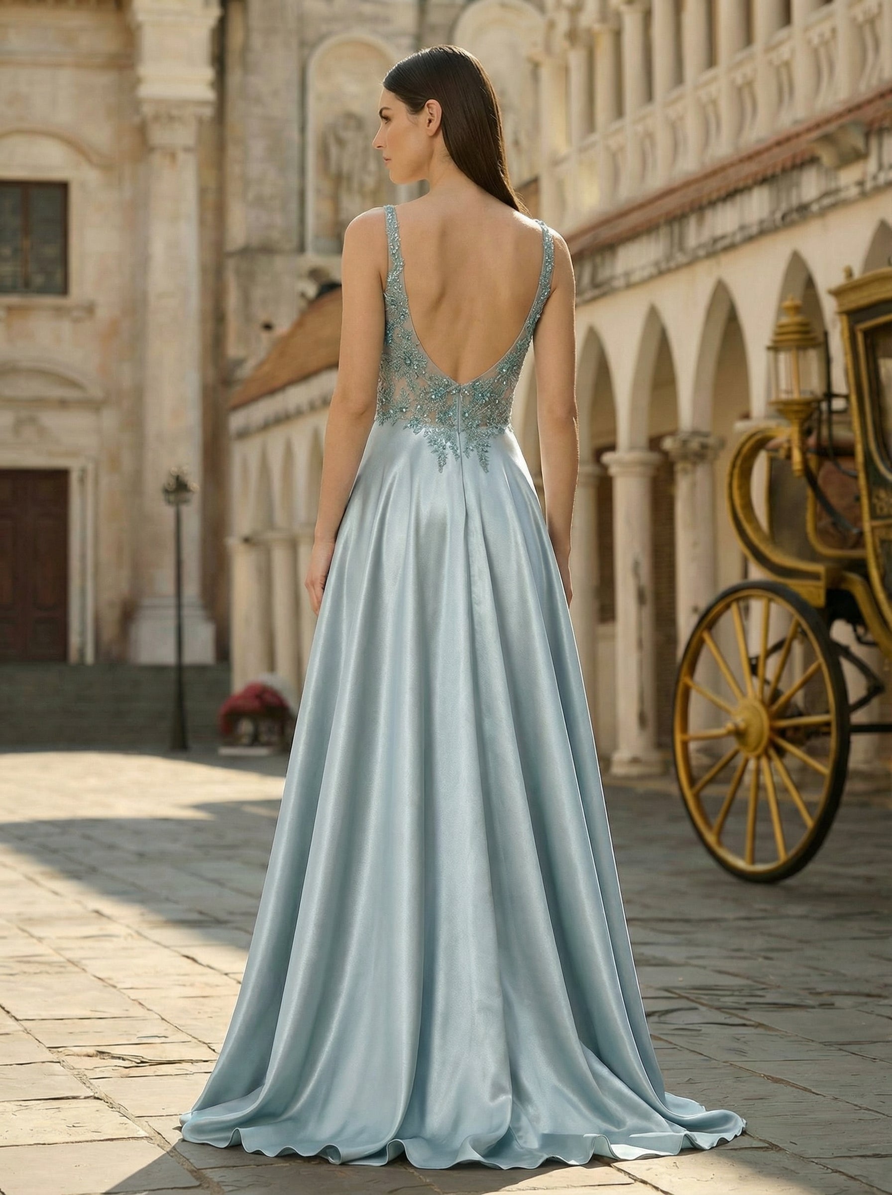 A-line Sleeveless Sweep Train Satin Prom Dress With Sequins