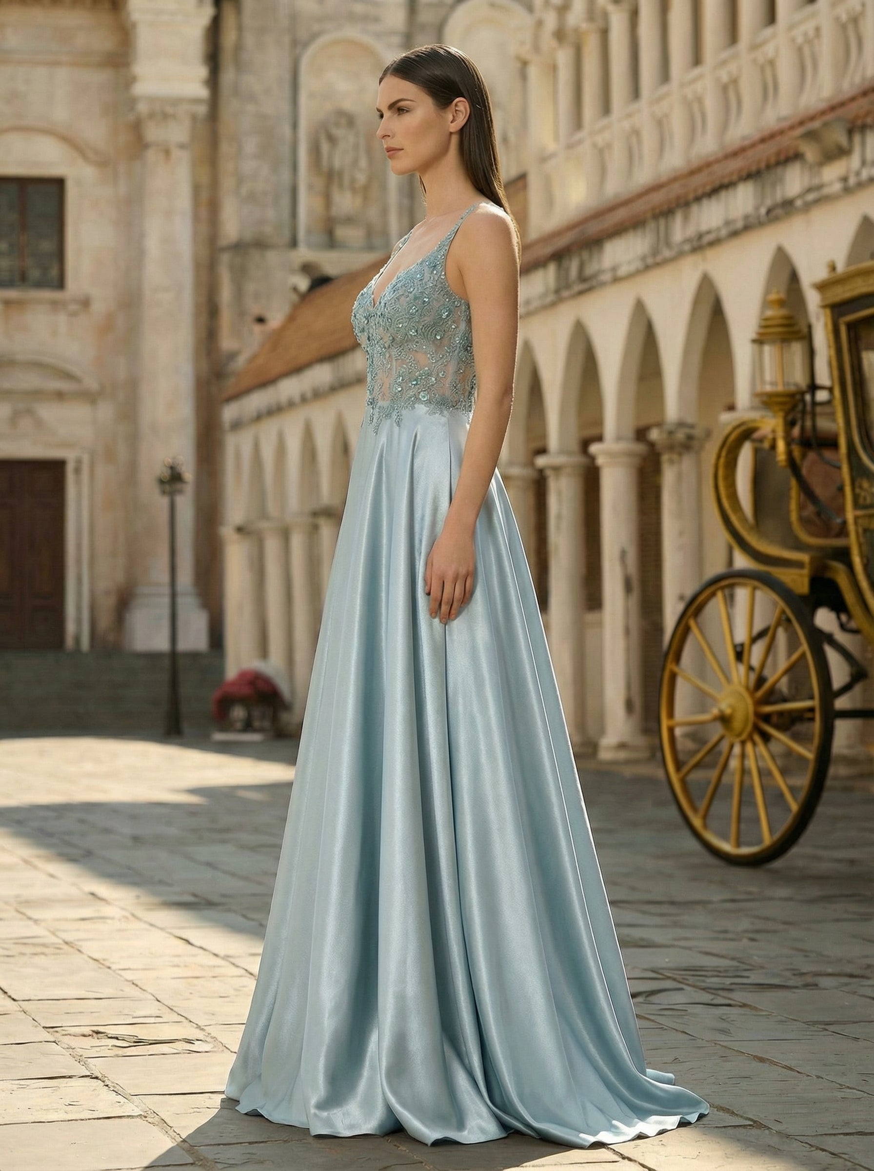 A-line Sleeveless Sweep Train Satin Prom Dress With Sequins