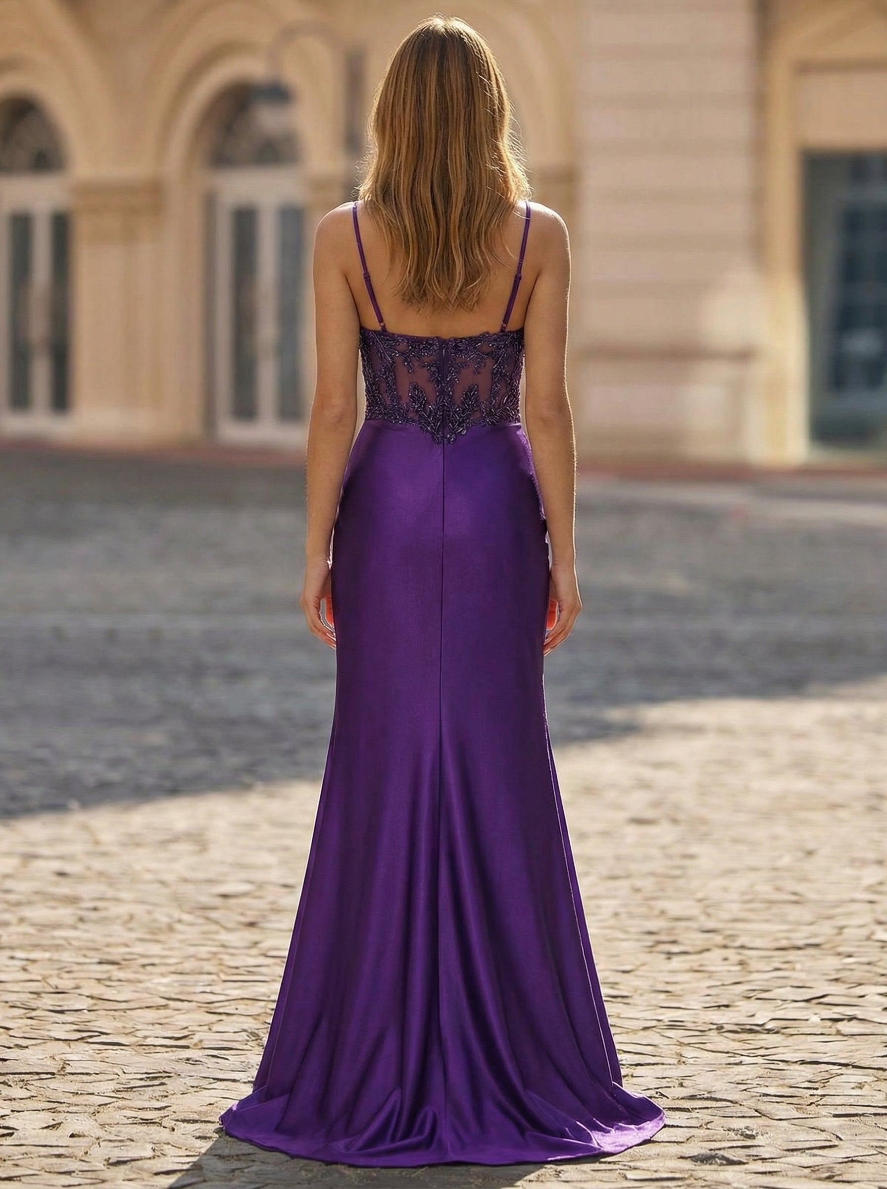 Trumpet/Mermaid Spaghetti Straps Sweep Train Satin Prom Dress With Sequins