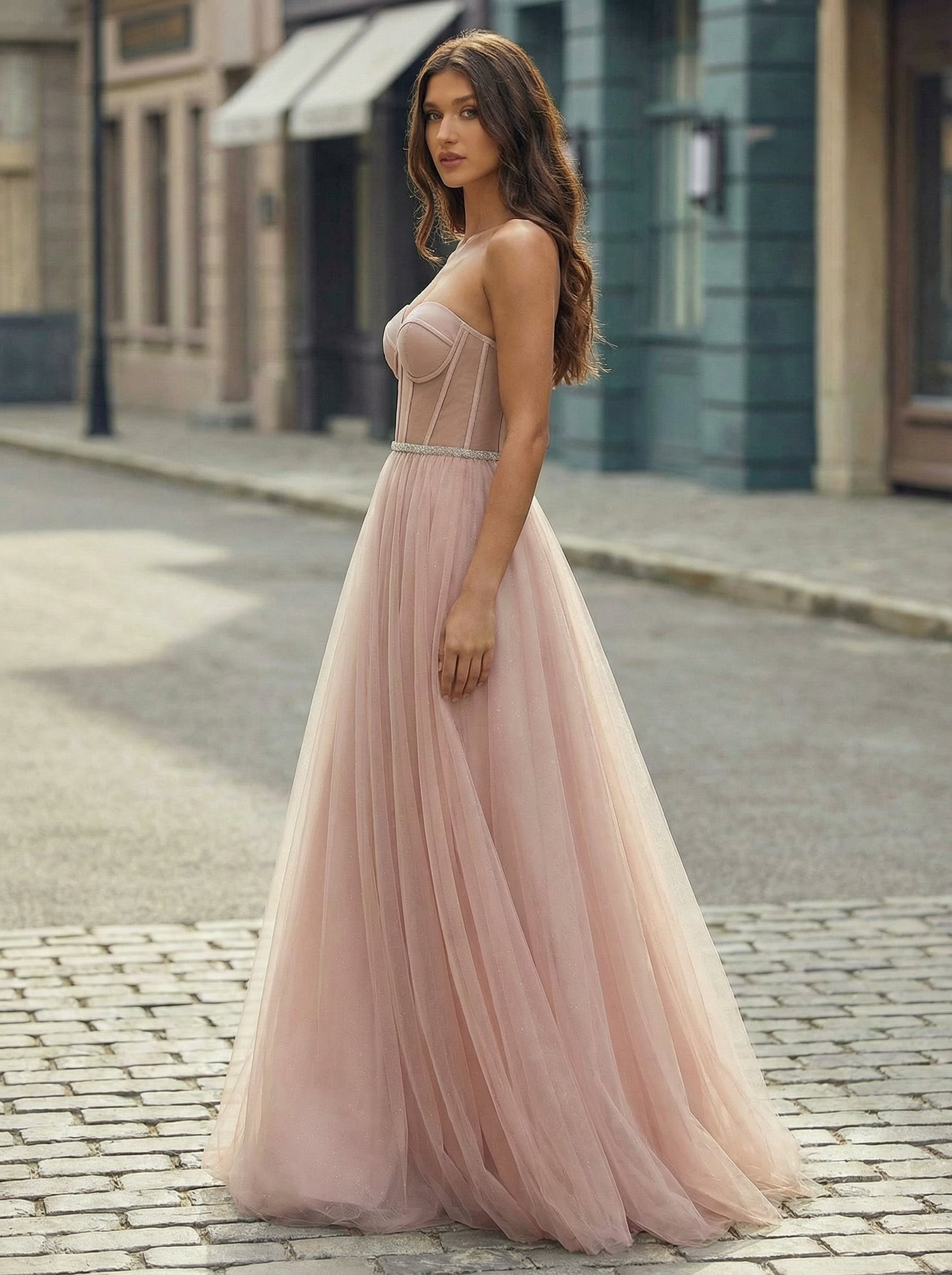 Ball-Gown/Princess Sweetheart Sweep Train Tulle Maxi Dresses With Rhinestone