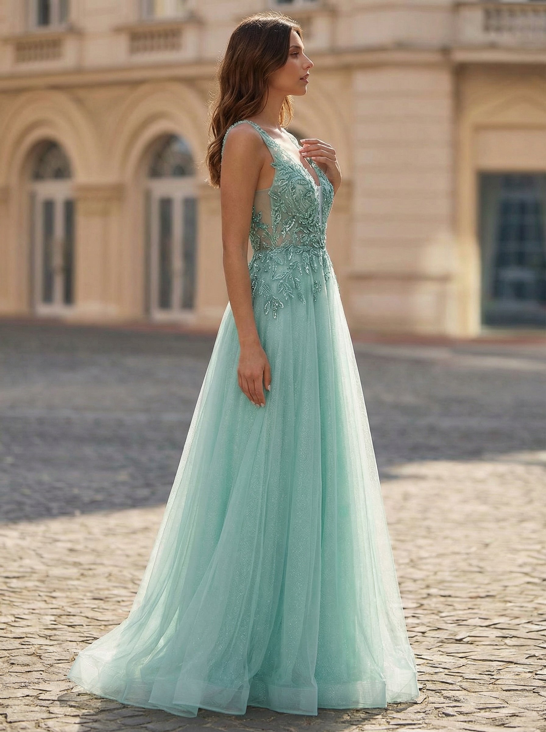 A-line Sleeveless Sweep Train Tulle Prom Dress With Sequins