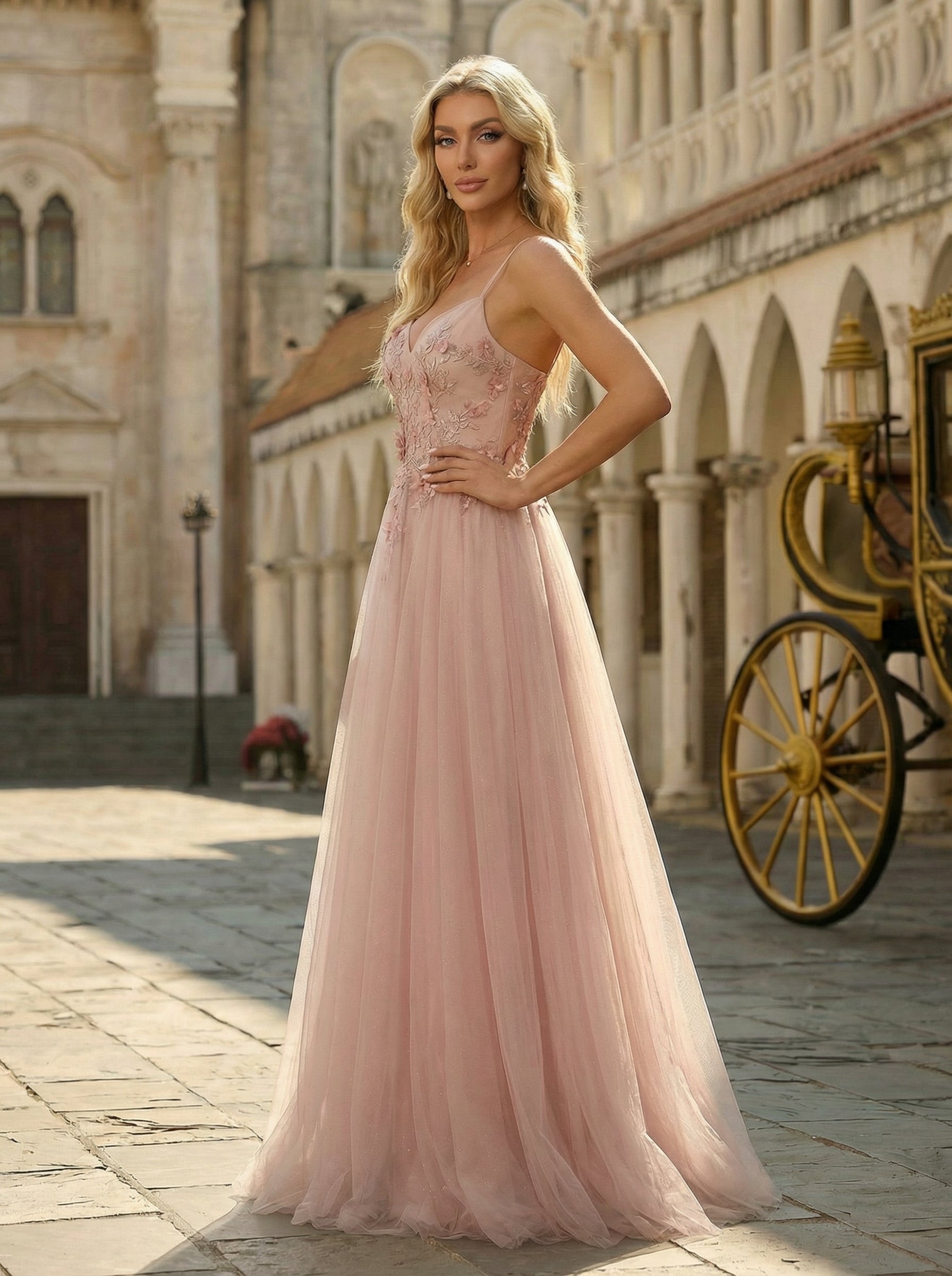 Ball-Gown/Princess V-Neck Sweep Train Tulle Maxi Dresses With Rhinestone Appliques Lace Sequins