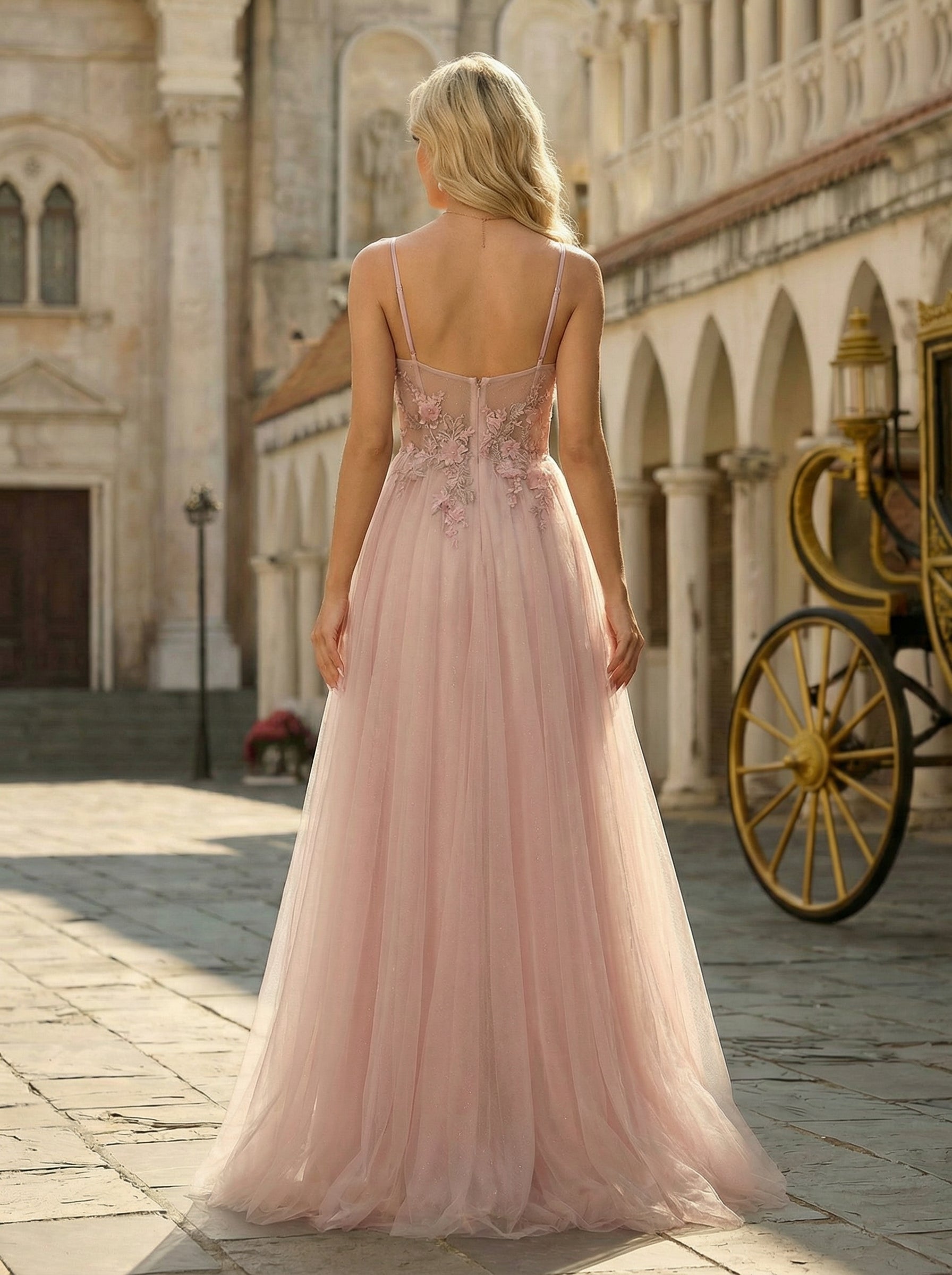 Ball-Gown/Princess V-Neck Sweep Train Tulle Maxi Dresses With Rhinestone Appliques Lace Sequins