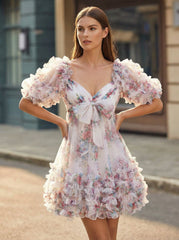 Ball-Gown/Princess Short Sleeve Short Tulle Homecoming Dress With Ruffle