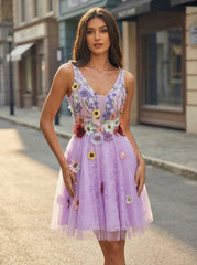 A-Line Sleeveless Short Lace Tulle Homecoming Dress With Appliques Lace