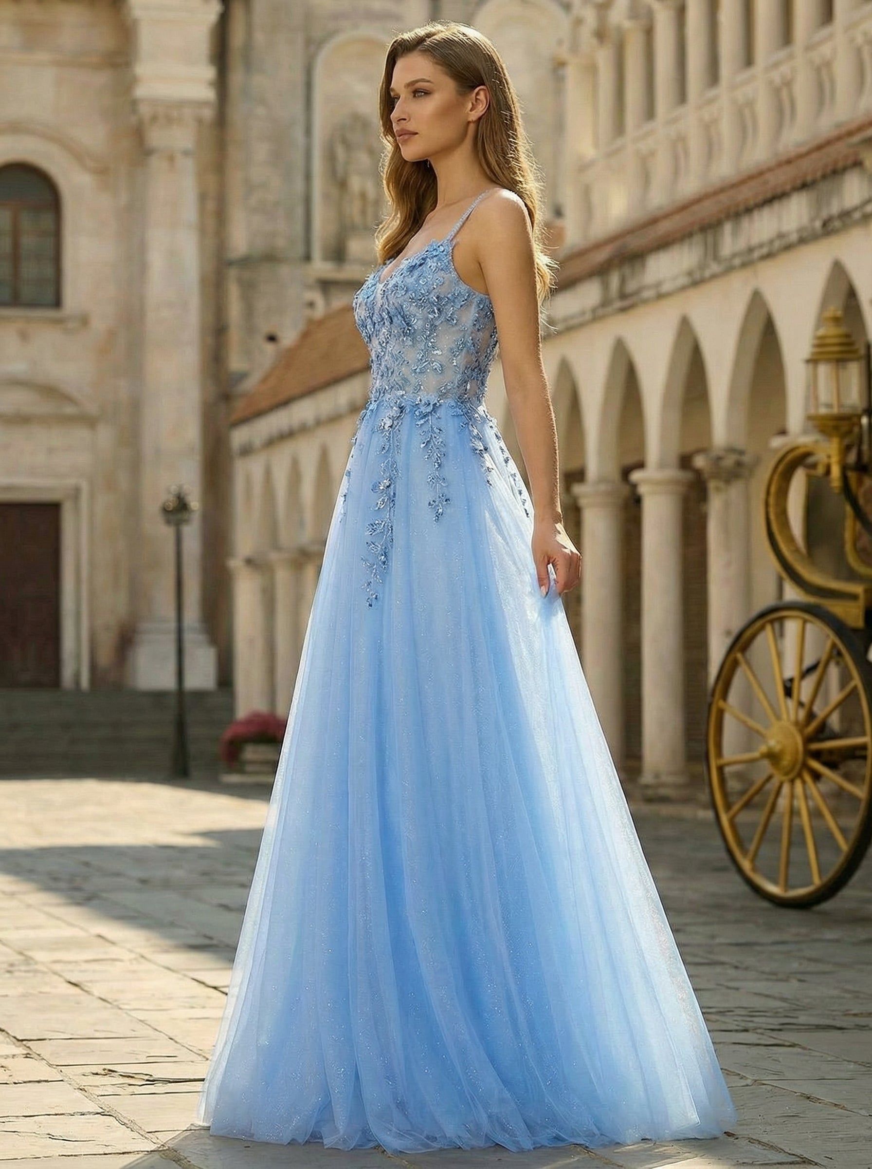 Ball-Gown/Princess Sleeveless Sweep Train Tulle Prom Dress With Sequins