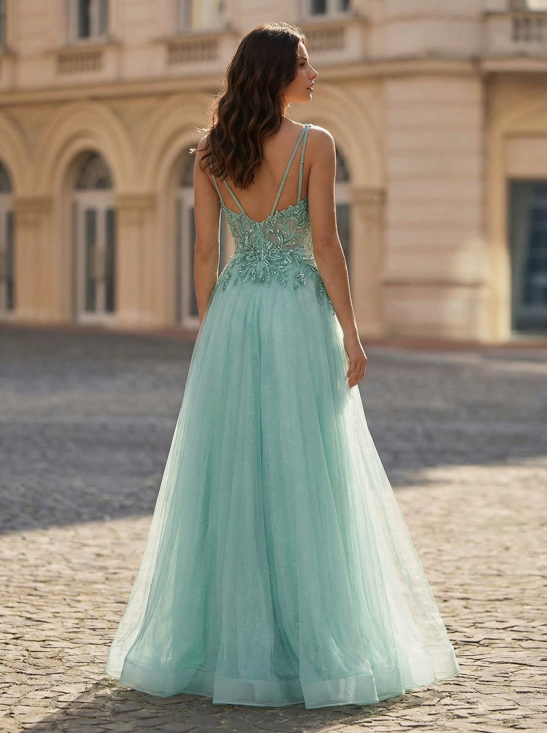 A-line Sleeveless Sweep Train Tulle Prom Dress With Sequins