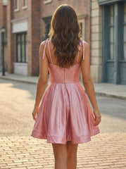 A-line Spaghetti Straps Short Satin Homecoming Dress With Pleated