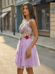 A-Line Sleeveless Short Lace Tulle Homecoming Dress With Appliques Lace