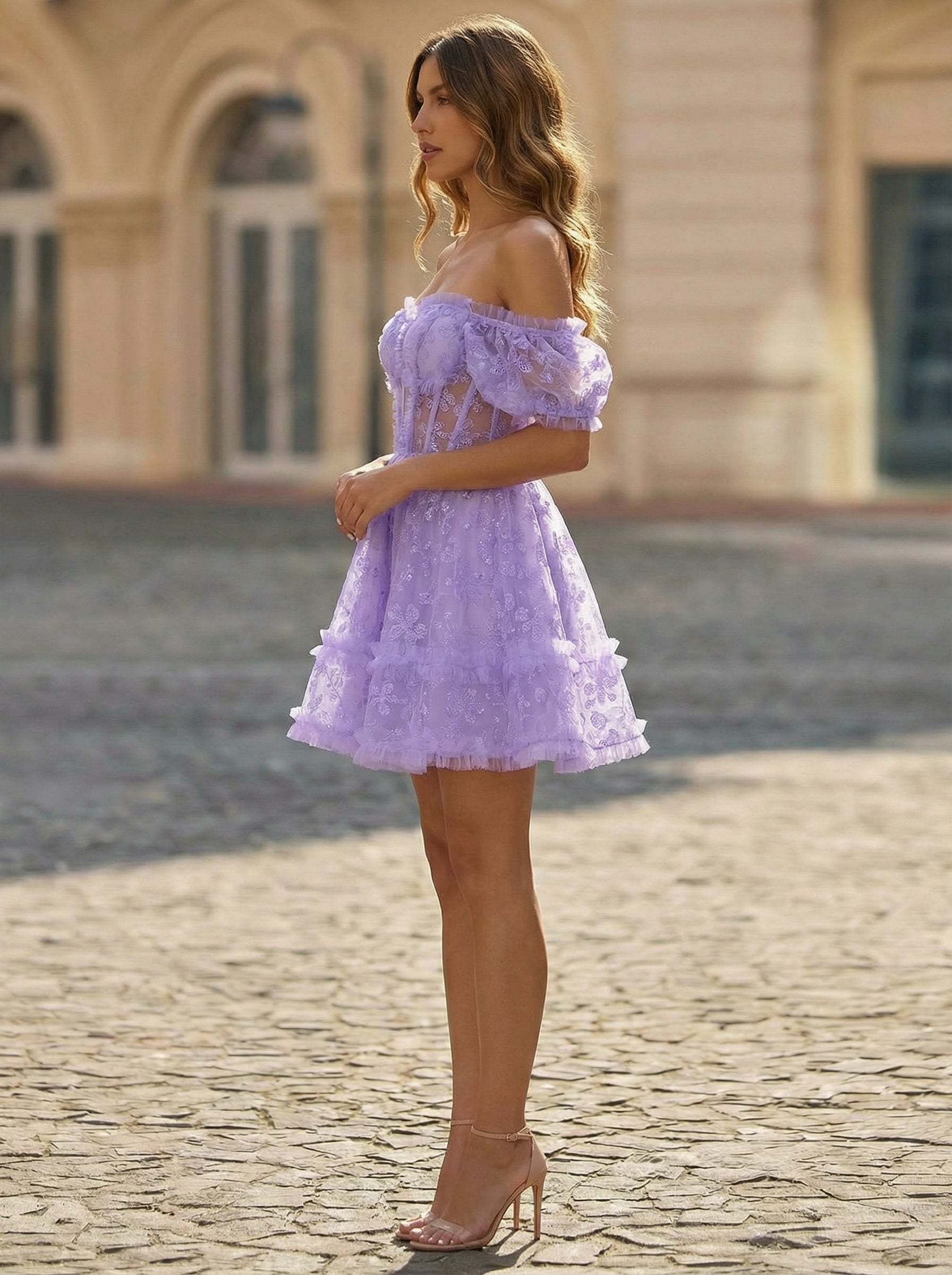 A-line Sweetheart Short Lace Mini Dress With Ruffle