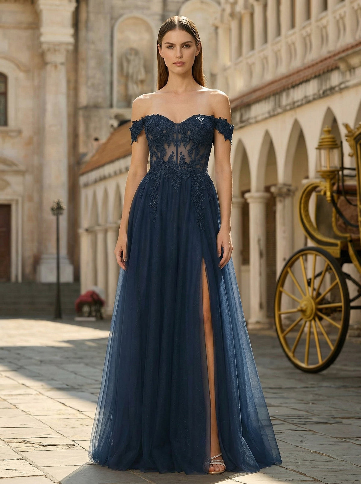 A-line Off the Shoulder Sweep Train Tulle Prom Dresses With Sequins Appliques Lace Beading