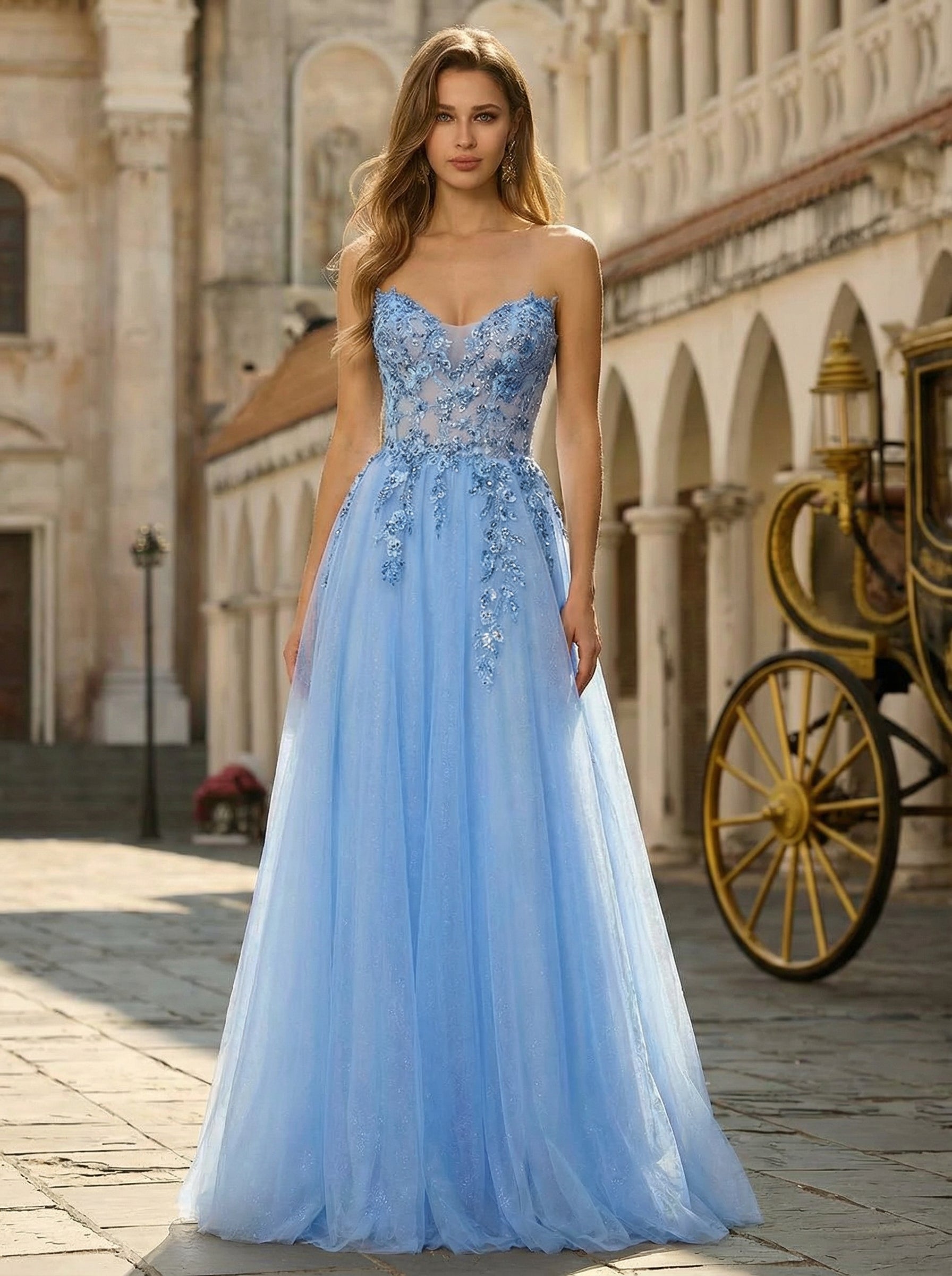 Ball-Gown/Princess Sleeveless Sweep Train Tulle Prom Dress With Sequins