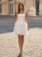 A-line Sleeveless Short Satin Tulle Homecoming Dress With Bow