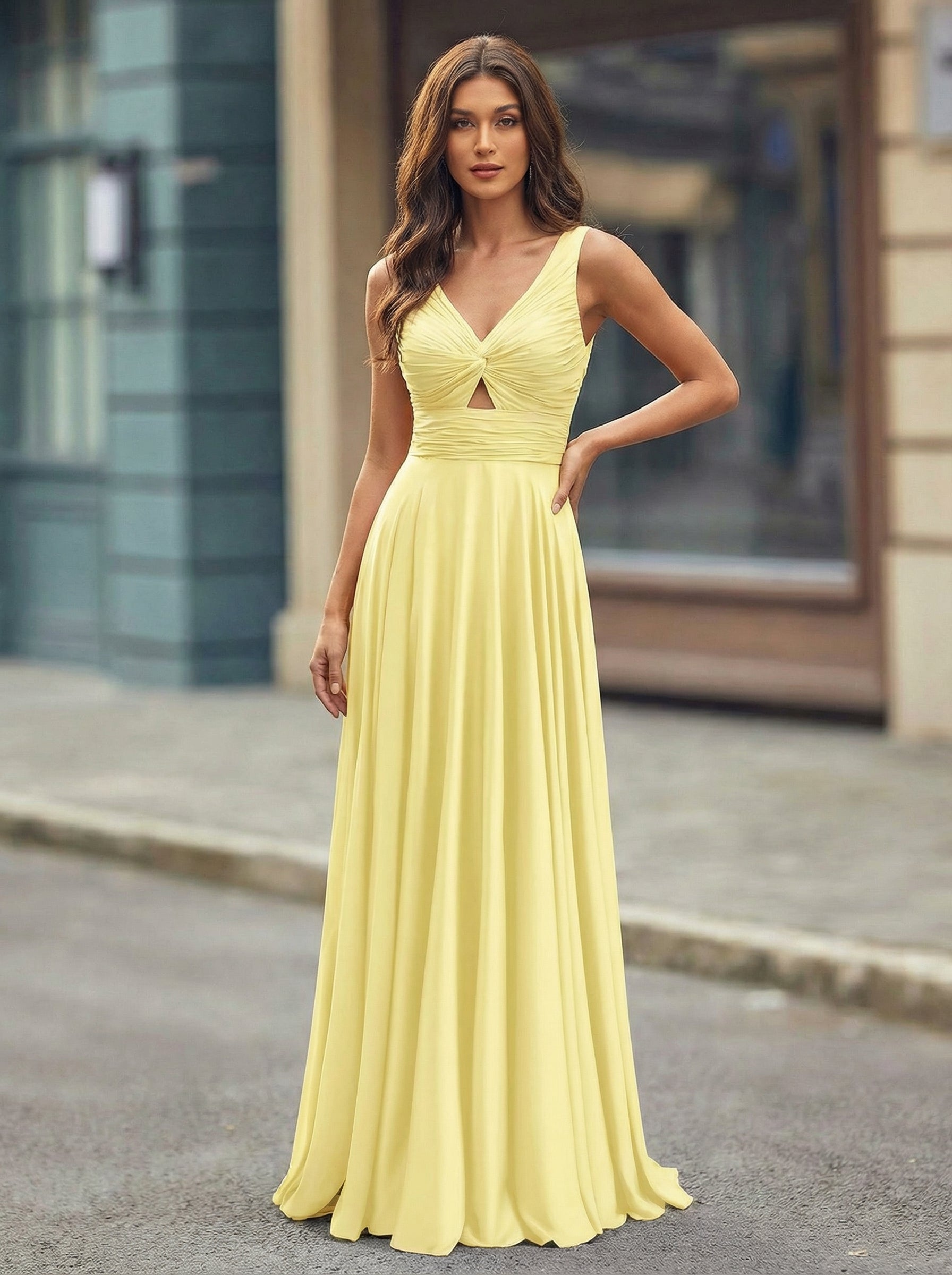 A-line V-Neck Floor-Length Silky Satin Prom Dresses With Pleated