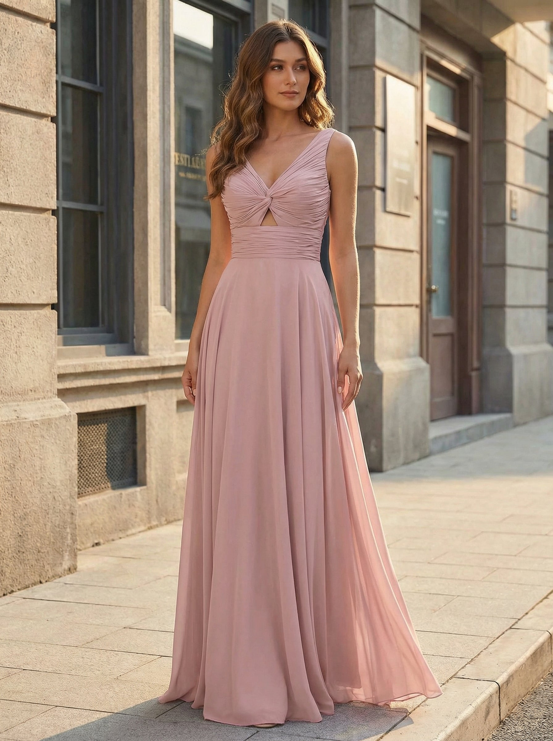 A-line V-Neck Floor-Length Silky Satin Prom Dresses With Pleated