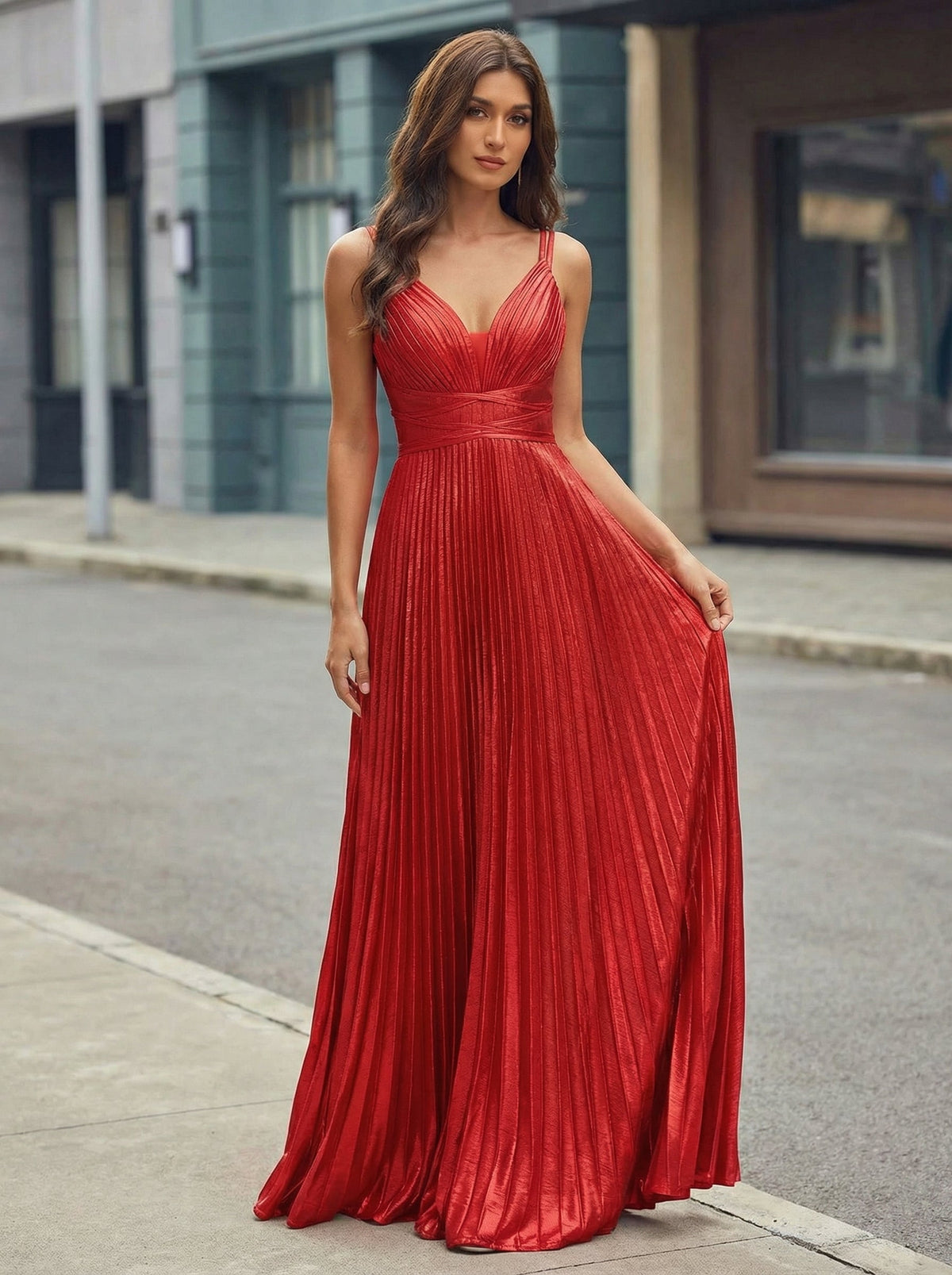 A-line V-Neck Floor-Length Jersey Prom Dresses With Pleated