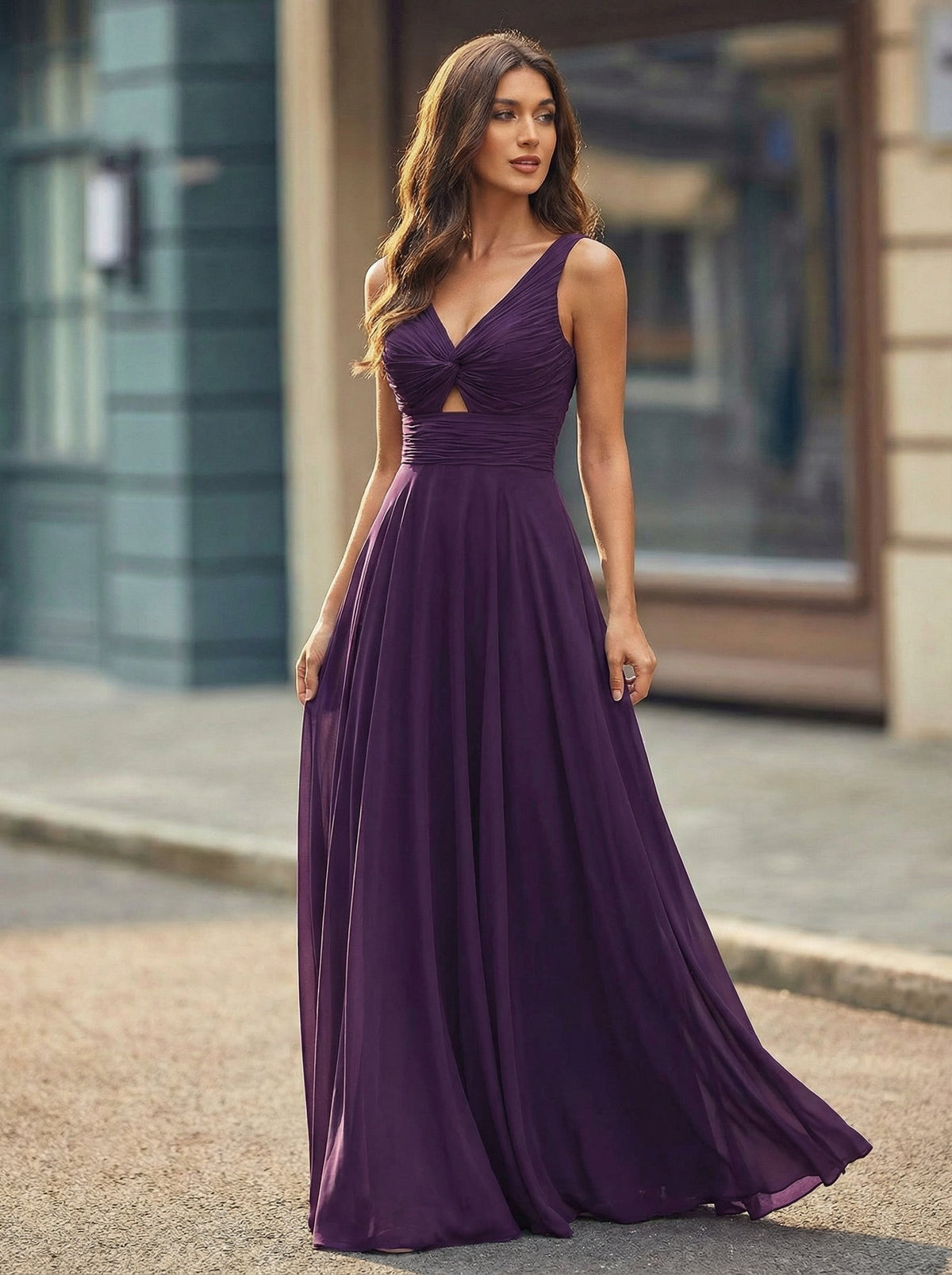 A-line V-Neck Floor-Length Silky Satin Prom Dresses With Pleated