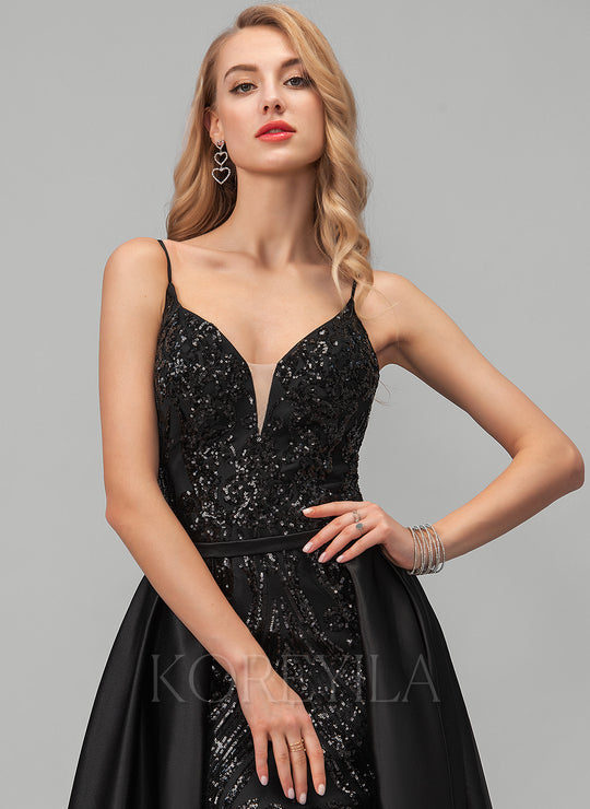Sheath/Column V-Neck Floor-Length Satin Sequin Prom Dresses