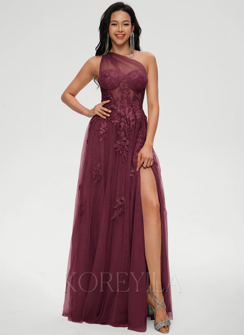 A-line One Shoulder Floor-Length Tulle Prom Dresses With Sequins Appli KOREYILA A-line One Shoulder Floor-Length Tulle Prom Dresses With Sequins Appli KOREYILA