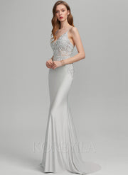 Trumpet/Mermaid V-Neck Sweep Train Prom Dresses With Sequins