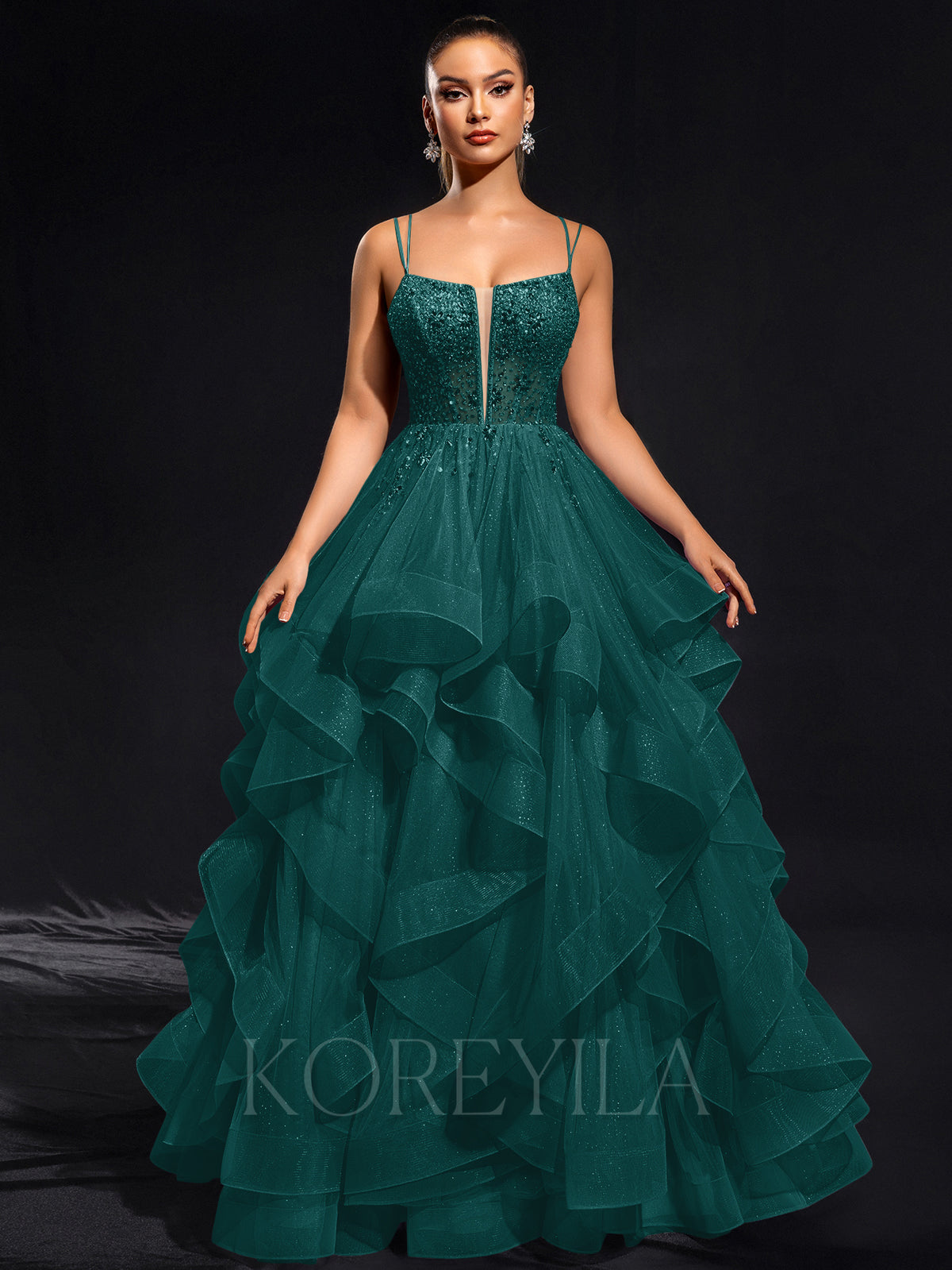 Ball-Gown/Princess Scoop Floor-Length Tulle Maxi Dresses With Rhinestone Beading