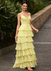 V-Neck Ruffled Tiered Chiffon Ball-Gown Maxi Dress With Slit