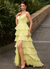 V-Neck Ruffled Tiered Chiffon Ball-Gown Maxi Dress With Slit