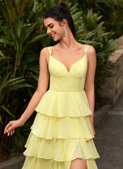 V-Neck Ruffled Tiered Chiffon Ball-Gown Maxi Dress With Slit