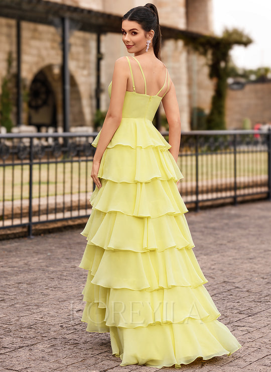 V-Neck Ruffled Tiered Chiffon Ball-Gown Maxi Dress With Slit
