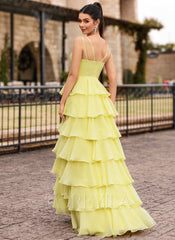 V-Neck Ruffled Tiered Chiffon Ball-Gown Maxi Dress With Slit